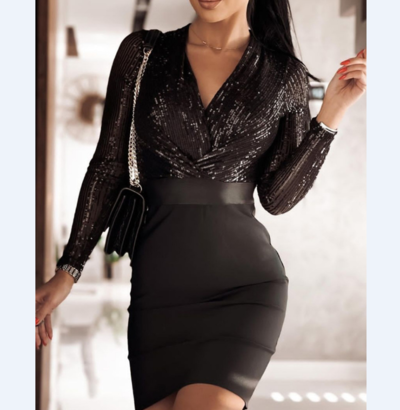 V-Neck Casual Sequin Splicing Long Sleeve Dress