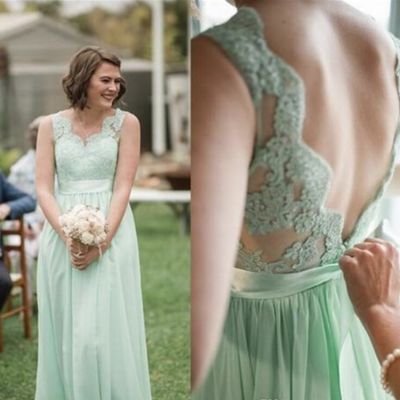 Bridesmaid dresses light sage with appliqué