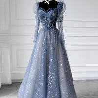 Blue tulle beads long prom dress A line evening dress - Thumbnail 2