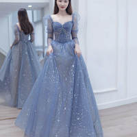 Blue tulle beads long prom dress A line evening dress - Thumbnail 5