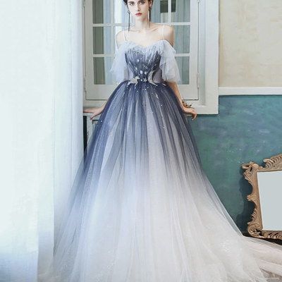 Blue tulle sequins long prom dress a line evening dress - Thumbnail 3