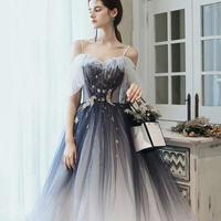 Blue tulle sequins long prom dress A line evening dress - Thumbnail 1