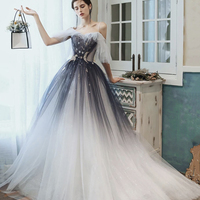 Blue tulle sequins long prom dress A line evening dress - Thumbnail 2