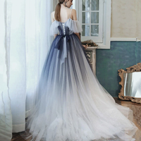 Blue tulle sequins long prom dress A line evening dress - Thumbnail 3