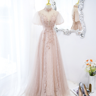 Pink tulle beads long prom dress a line evening dress - Thumbnail 2