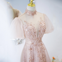 Pink tulle beads long prom dress A line evening dress - Thumbnail 2