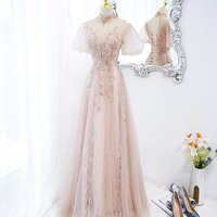 Pink tulle beads long prom dress A line evening dress - Thumbnail 3