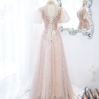 Pink tulle beads long prom dress A line evening dress - Thumbnail 4