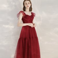 Red tulle short A line prom dress cocktail dress - Thumbnail 3