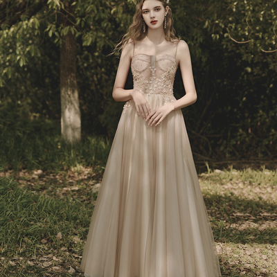 Cute tulle lace long prom dress a line evening dress - Thumbnail 2