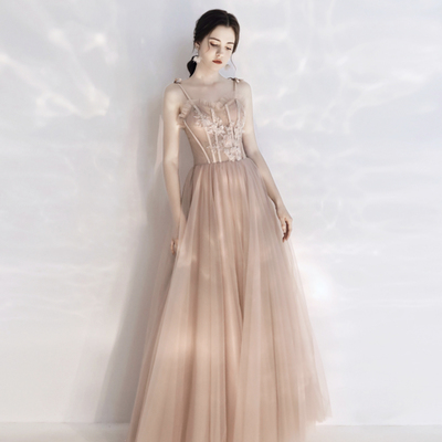 Stylish tulle lace long prom dress a line evening dress - Thumbnail 2