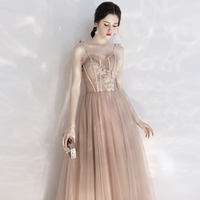 Stylish tulle lace long prom dress A line evening dress - Thumbnail 1