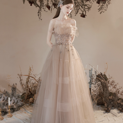 Cute tulle beads long prom dress a line evening dress - Thumbnail 3