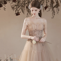 Cute tulle beads long prom dress A line evening dress - Thumbnail 2