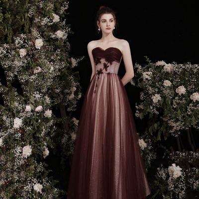 Burgundy tulle sequins long prom dress a line evening dress - Thumbnail 2