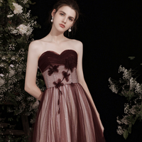 Burgundy tulle sequins long prom dress A line evening dress - Thumbnail 2