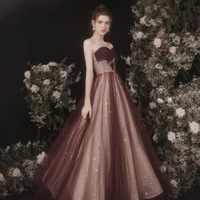 Burgundy tulle sequins long prom dress A line evening dress - Thumbnail 3