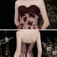 Burgundy tulle sequins long prom dress A line evening dress - Thumbnail 4