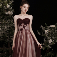 Burgundy tulle sequins long prom dress A line evening dress - Thumbnail 5