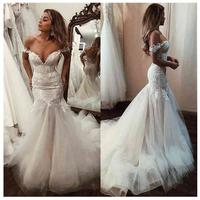 Off The Shoulder Appliqued Lace Mermaid Wedding Dresses Mermaid Trumpet Train Illusion bridal gown,1281 - Thumbnail 2