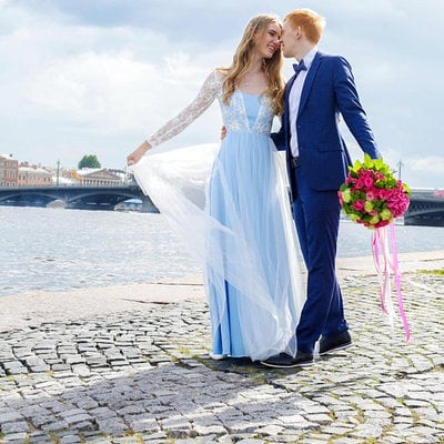 Sky blue aline wedding dresses lace sheer long sleeve bridal gowns,1283 - Thumbnail 2