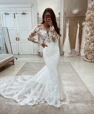 Mermaid Sheer Neck Long Sleeve White Lace Wedding Dresses,1284