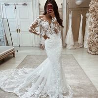 Mermaid Sheer Neck Long Sleeve White Lace Wedding Dresses,1284 - Thumbnail 2