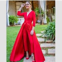 Elegant Red Satin Jumpsuits Evening Dresses Floor Length Prom Dress Custom Long Sleeves Backless Party Formal Gown robe de soiree,1286 - Thumbnail 1
