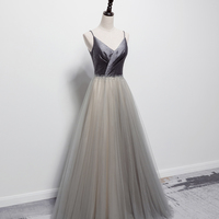 Gray tulle long prom dress A line evening gown - Thumbnail 5