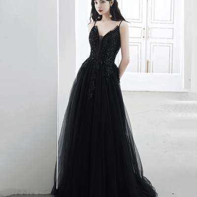Black tulle sequins long prom dress evening dress - Thumbnail 4