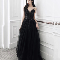 Black tulle sequins long prom dress evening dress - Thumbnail 2