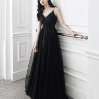 Black tulle sequins long prom dress evening dress - Thumbnail 1