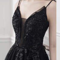 Black tulle sequins long prom dress evening dress - Thumbnail 4