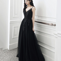 Black tulle sequins long prom dress evening dress - Thumbnail 3