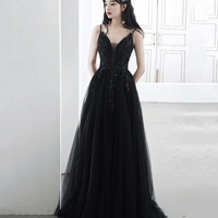 Black tulle sequins long prom dress evening dress - Thumbnail 5