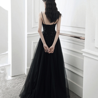 Black tulle sequins long prom dress evening dress - Thumbnail 6