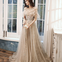 Champagne tulle sequins long prom dress evening dress - Thumbnail 2