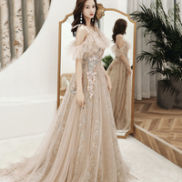 Champagne tulle sequins long prom dress evening dress - Thumbnail 3