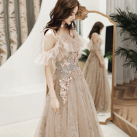 Champagne tulle sequins long prom dress evening dress - Thumbnail 4