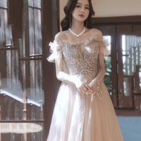 Champagne tulle long prom dress A line evening dress - Thumbnail 1