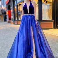 SP1102,Royal blue organza prom dress,v-neck beaded evening party dresses - Thumbnail 1