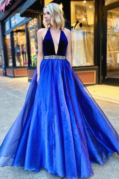SP1102,Royal blue organza prom dress,v-neck beaded evening party dresses