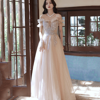 Champagne tulle long prom dress A line evening dress - Thumbnail 4