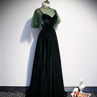 Green velvet tulle long prom dress A line evening dress - Thumbnail 1