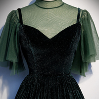 Green velvet tulle long prom dress A line evening dress - Thumbnail 3