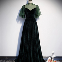 Green velvet tulle long prom dress A line evening dress - Thumbnail 4