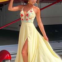 SP1122,Light yellow chiffon embroidery v-neck long prom evening dresses - Thumbnail 1