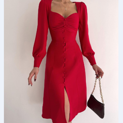 Casual sexy red long sleeve dress