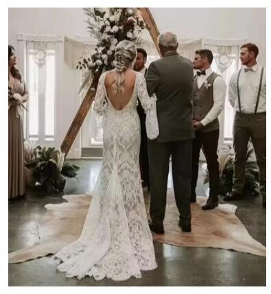 Full Lace Mermaid Wedding Dresses Bridal Gown Sexy Backless Deep V Neck Custom Made Sweep Train Long Sleeves Plus Size vestidos de novia mariee