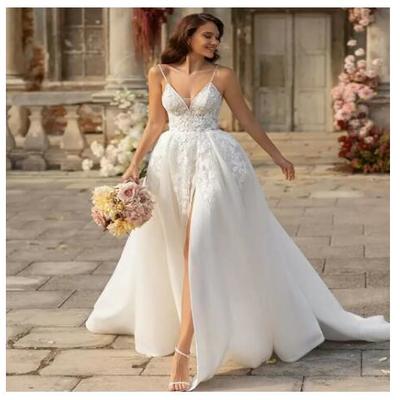 Spaghetti straps boho wedding dress sexy v neck backless beach bridal dresses with slit a line tulle civil bohemian engagement bride gowns 